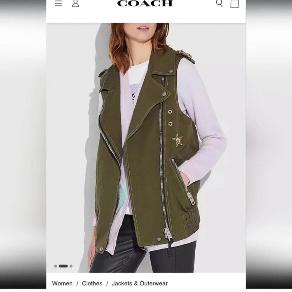 Coach Women Green Khaki Embroidered Military Oversized Full Zip Sz 2 NWOT